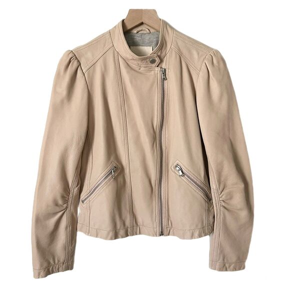 Rebecca Taylor Garment Washed Leather Moto Jacket in Nude Blush Pink Size 6 - Picture 1 of 5